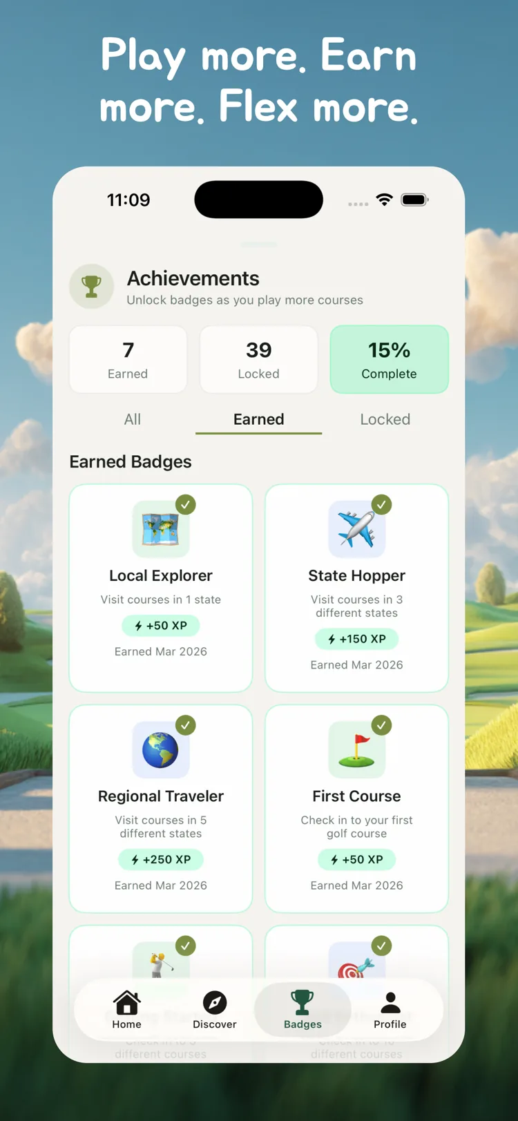 Golfy achievements screen with earned badges such as Local Explorer and State Hopper