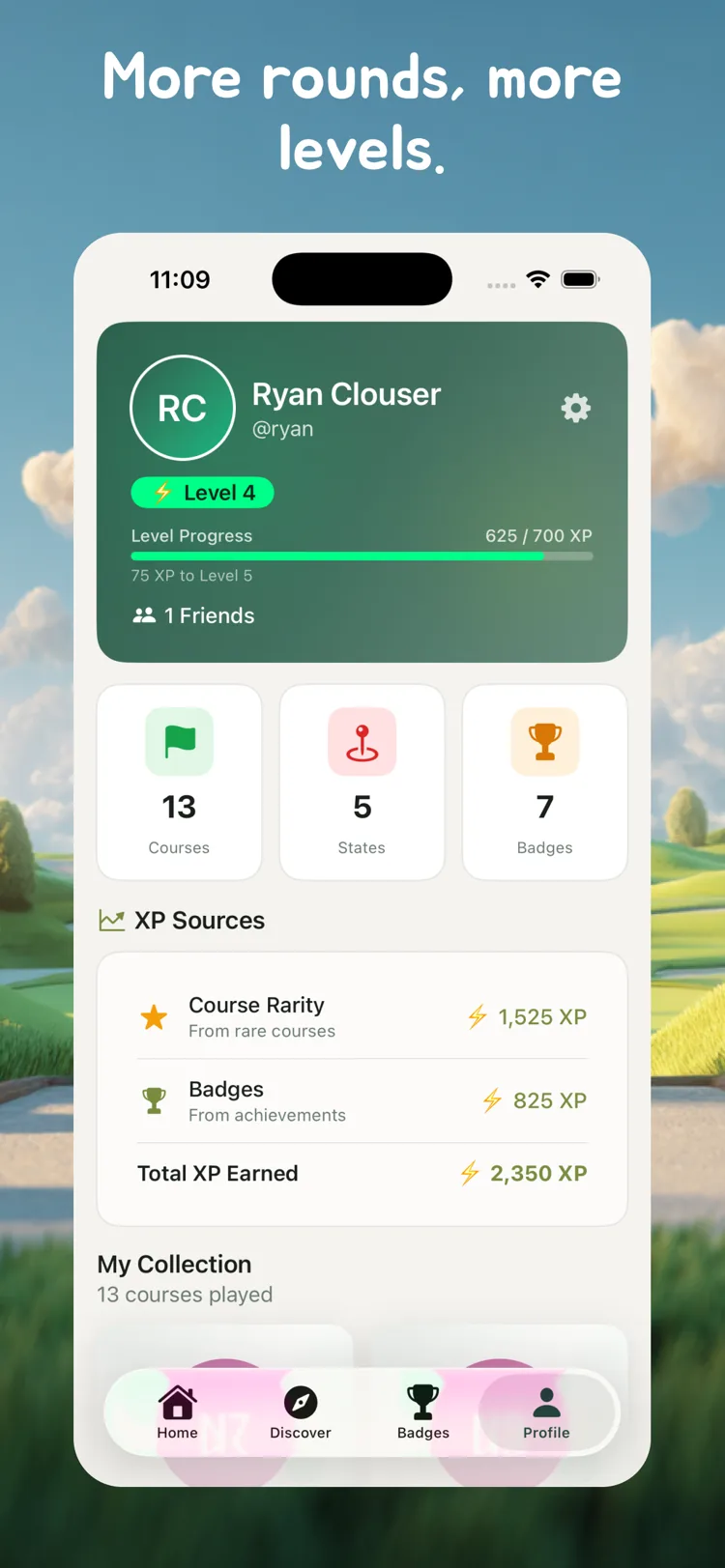Golfy profile screen showing Level 4, XP progress, XP sources and courses collected