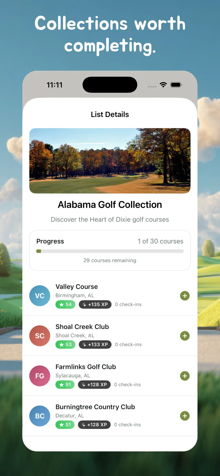 Golfy list details for the Alabama Golf Collection showing progress and courses to play