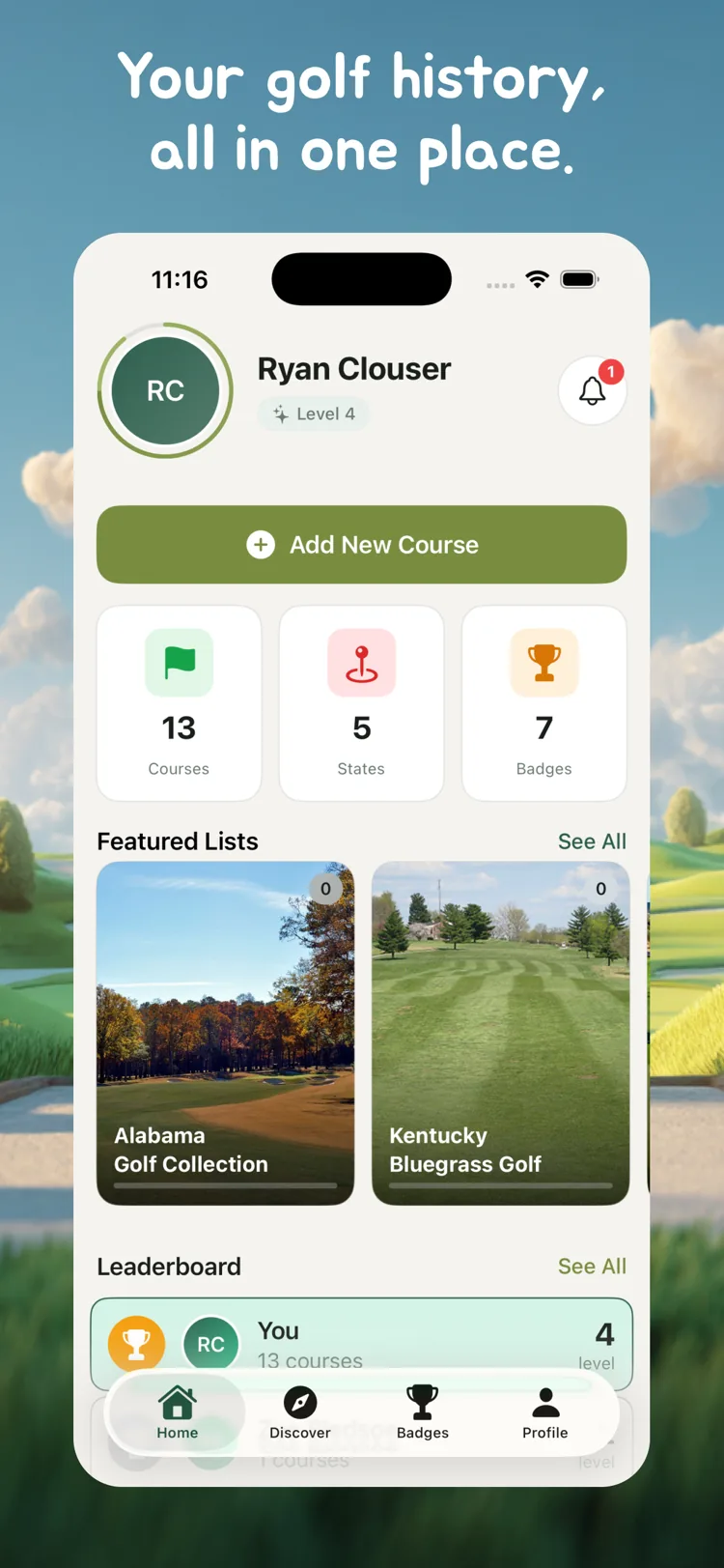Golfy home screen showing courses, states and badges collected plus featured lists and the leaderboard
