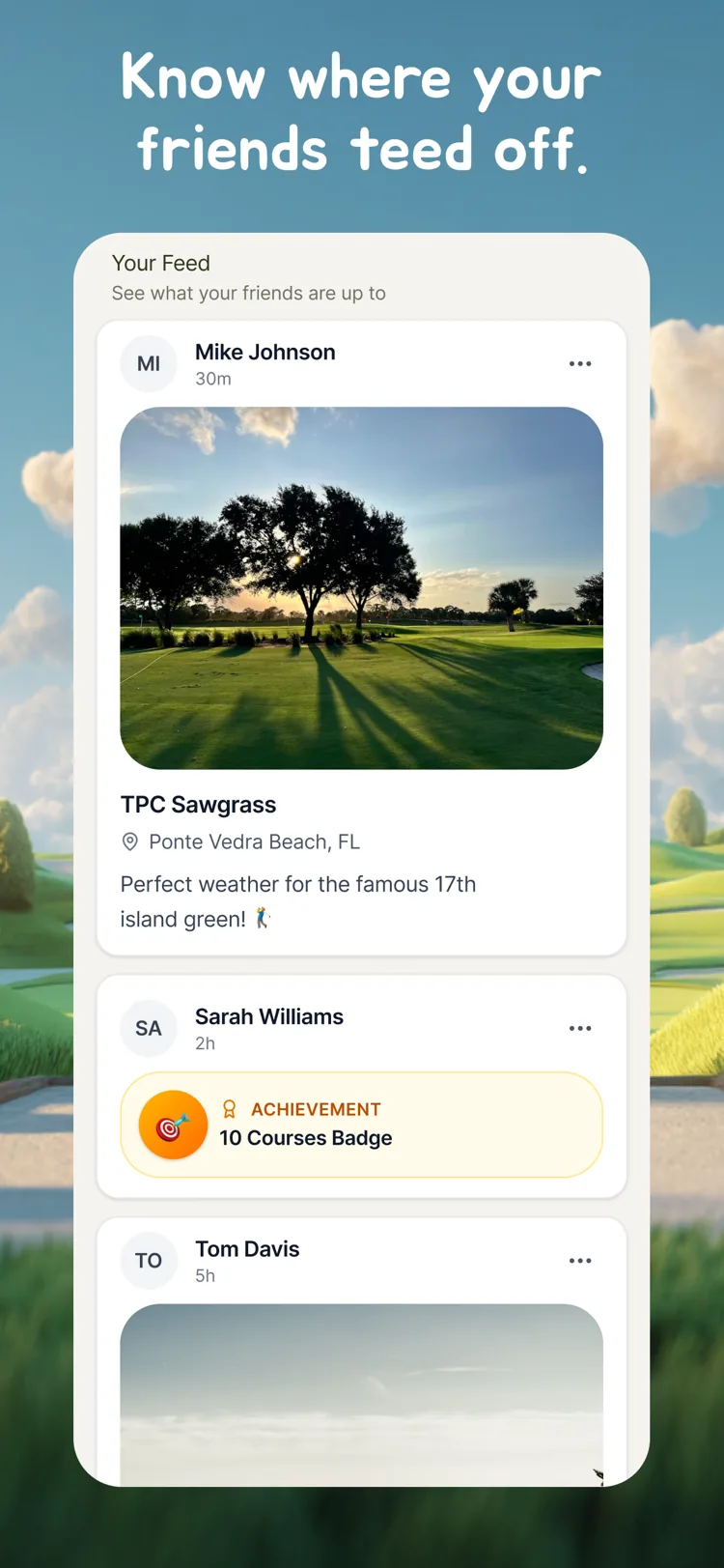 Golfy activity feed showing a friend's round at TPC Sawgrass and a badge unlock