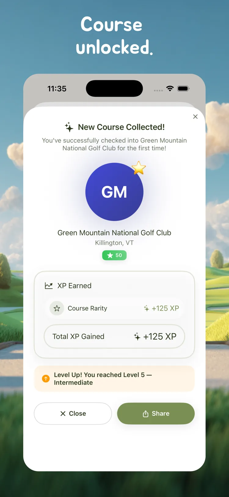 Golfy 'New Course Collected' screen after checking in at Green Mountain National Golf Club, showing XP earned